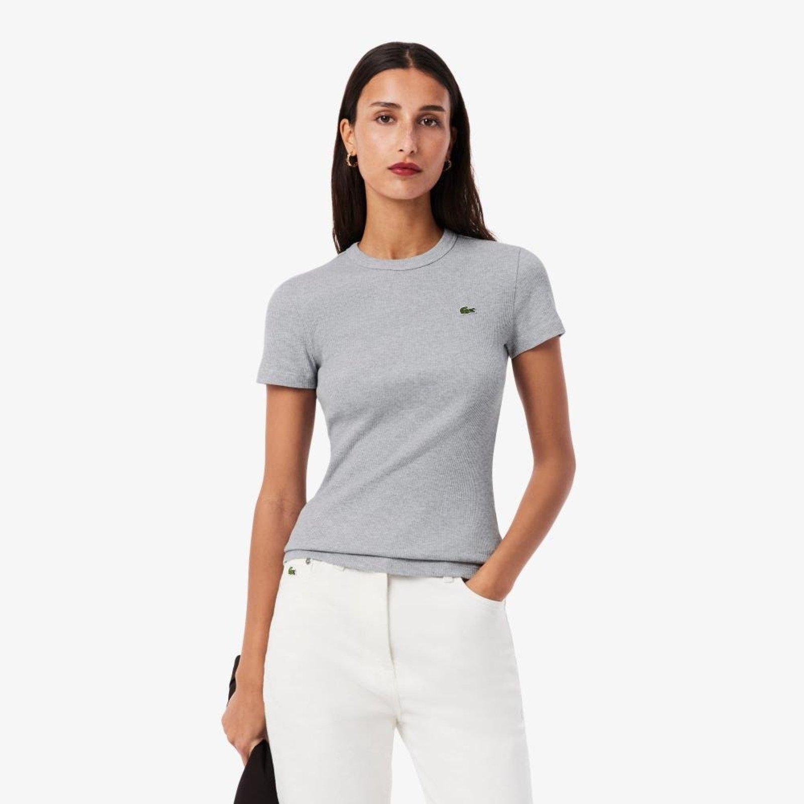 Camiseta de Algodão Canelada com Caimento Ajustado Cinza