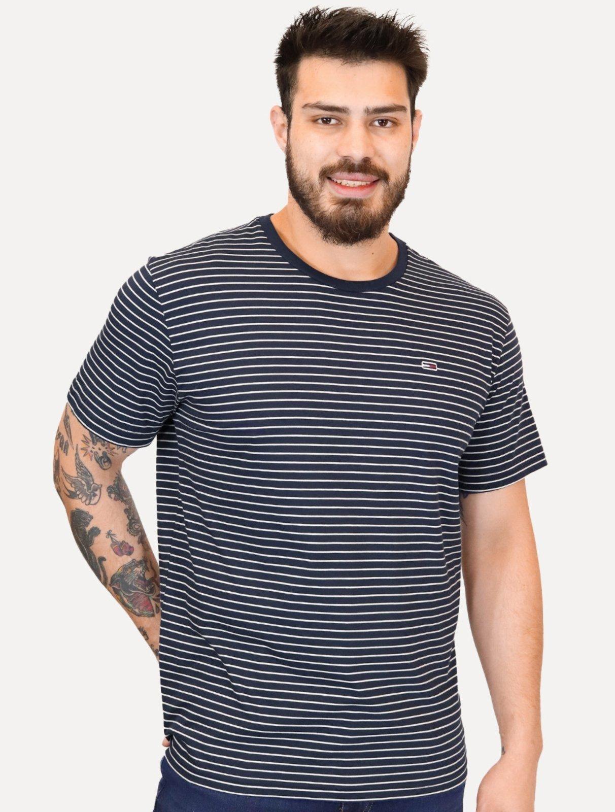 Camiseta Tommy Jeans Masculina Chest Logo Listrada Azul Marinho