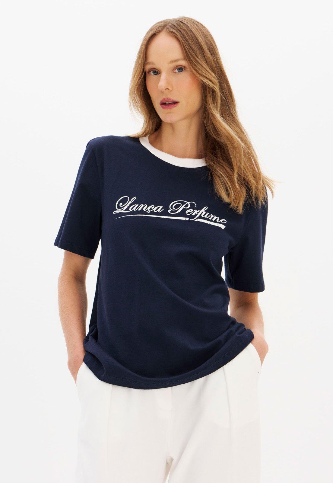 Camiseta Feminina Lança Perfume Estampa Frontal Azul Marinho