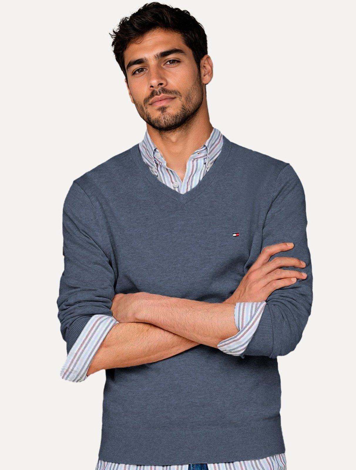 Suéter Tommy Hilfiger Masculino Signature V-Neck Azul Mescla