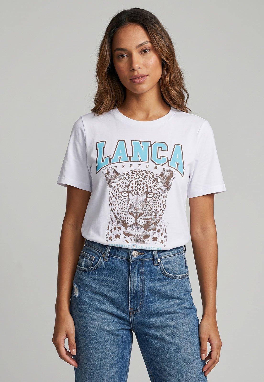 Camiseta Feminina Lança Perfume Estampa Leopardo Branca