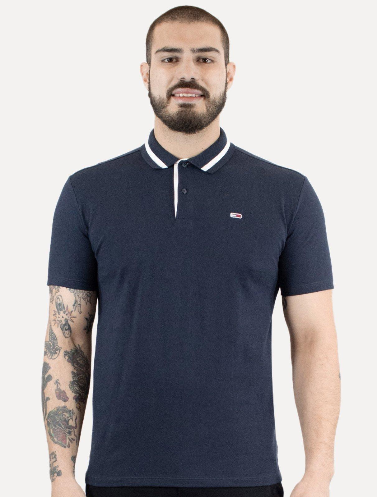 Polo Tommy Jeans Masculina Piquet Regular Tipped Stretch Azul Marinho