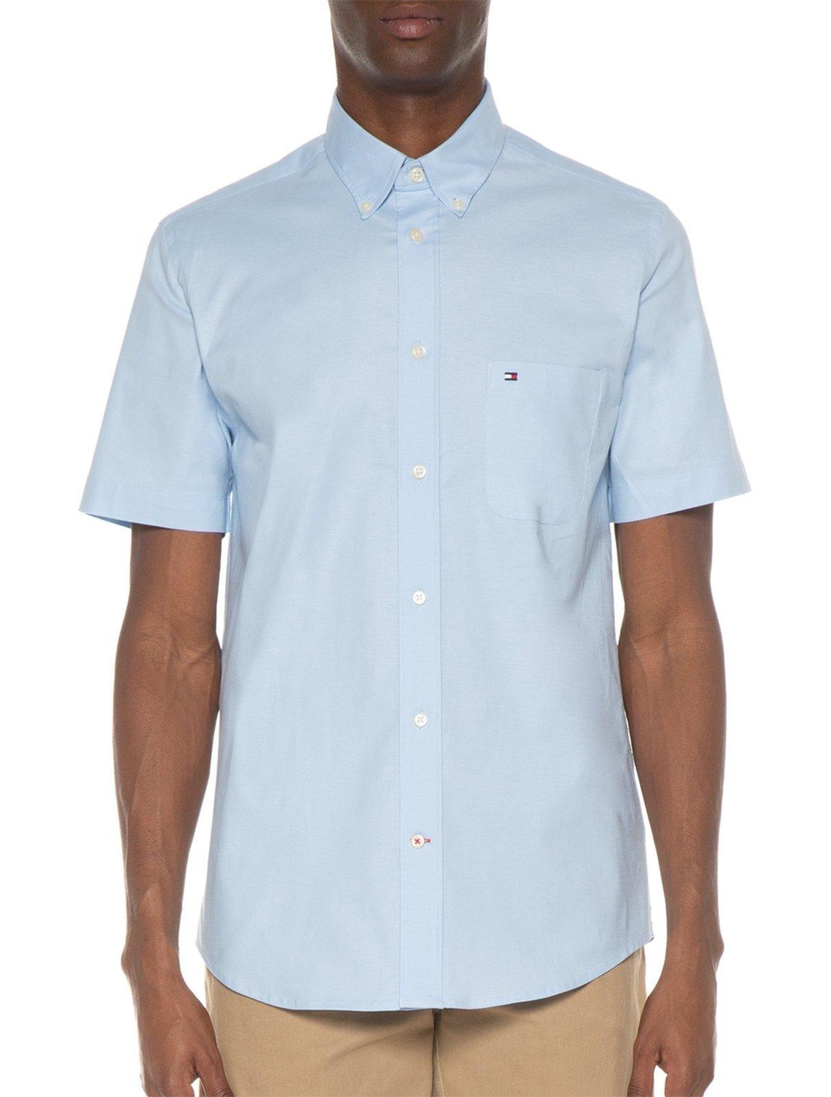 Camisa Tommy Hilfiger Masculina Manga Curta Light Oxford Azul Claro