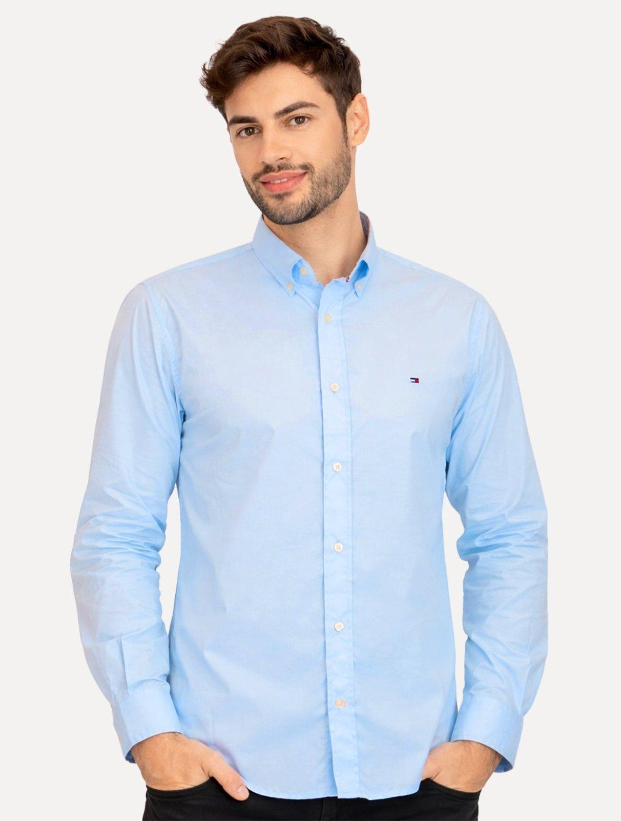 Camisa Tommy Hilfiger Masculina Regular Core Flex Poplin Azul Médio