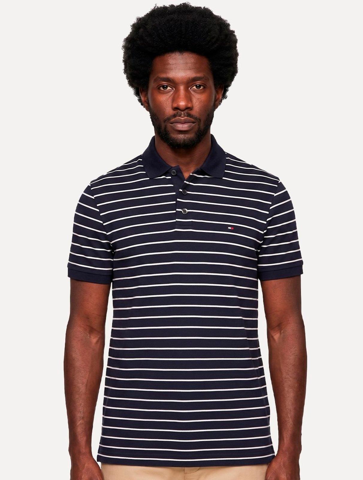 Polo Tommy Hilfiger Masculina Regular Piquet 1985 Listrada Azul/Branco