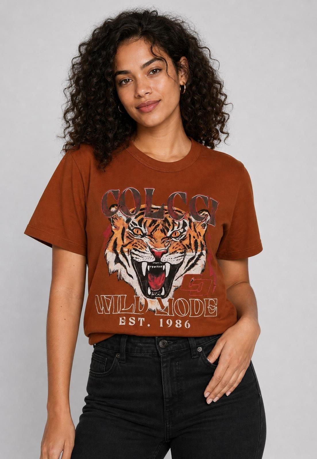 Camiseta Feminina Colcci Estampa Tigre Marrom