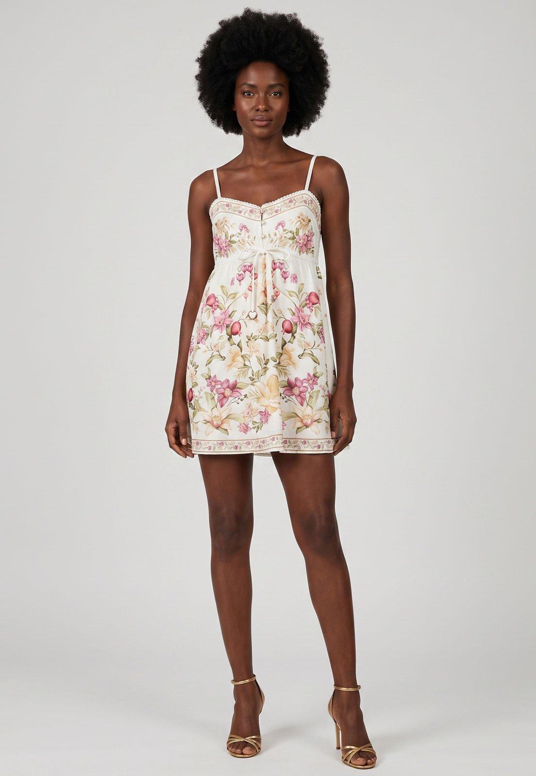 Vestido FARM Alças Finas Floral Branco