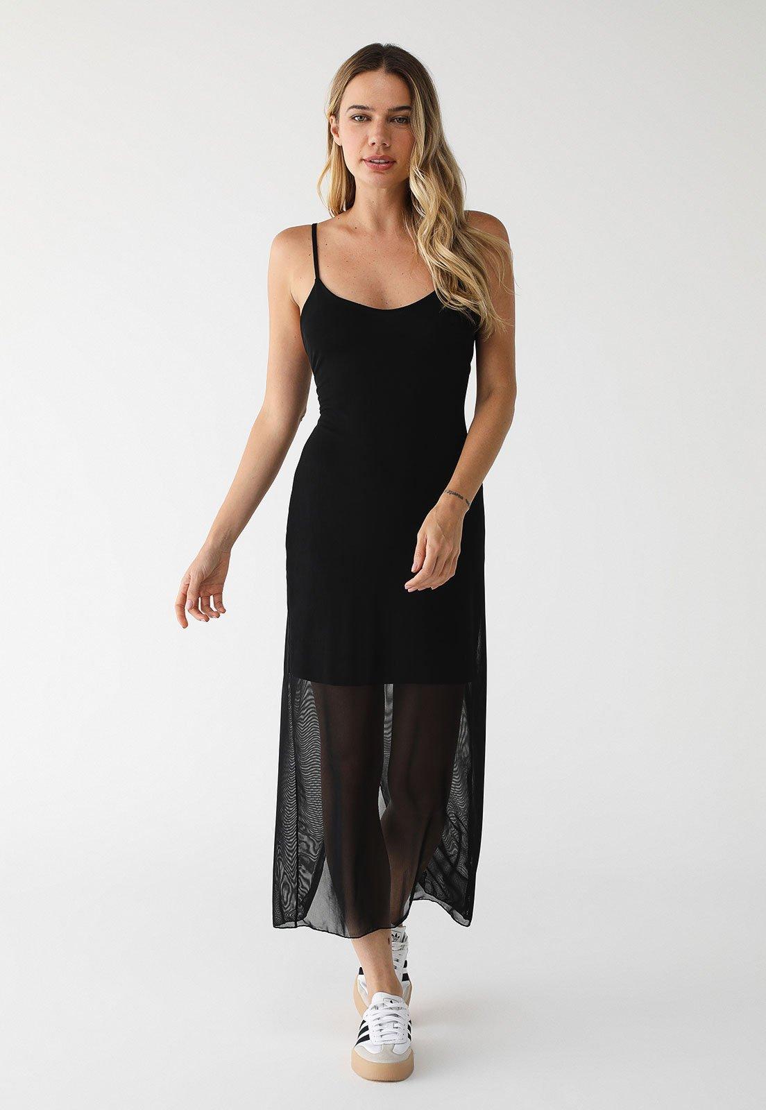 Vestido Tule Colcci Midi Liso Preto