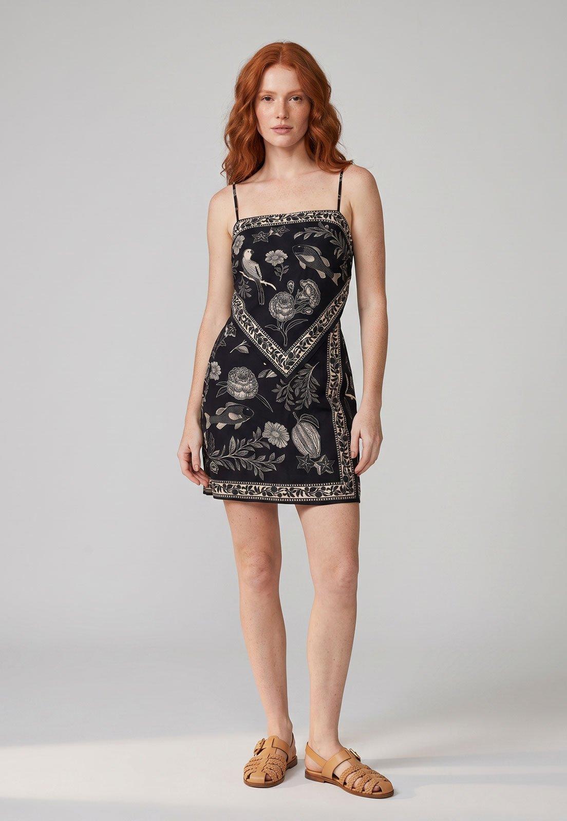 Vestido Feminino FARM Alças Finas Decote Reto Estampa Floral Preto
