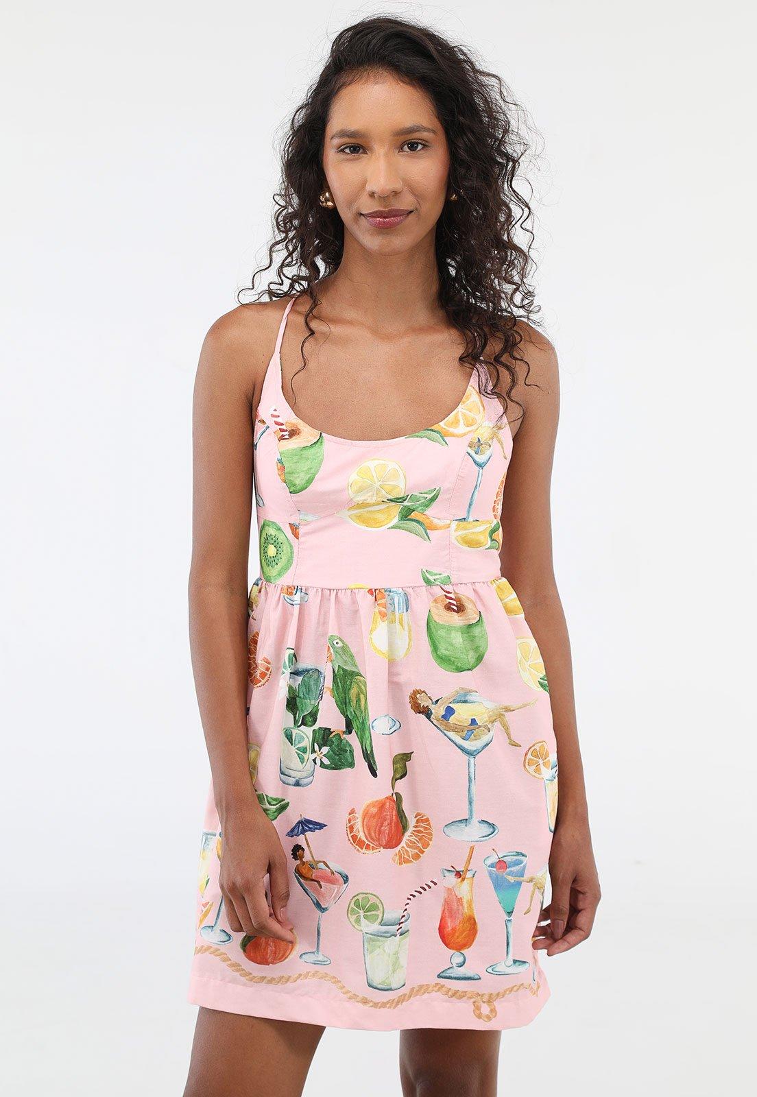 Vestido Feminino FARM Estampa Tropical Rosa Claro