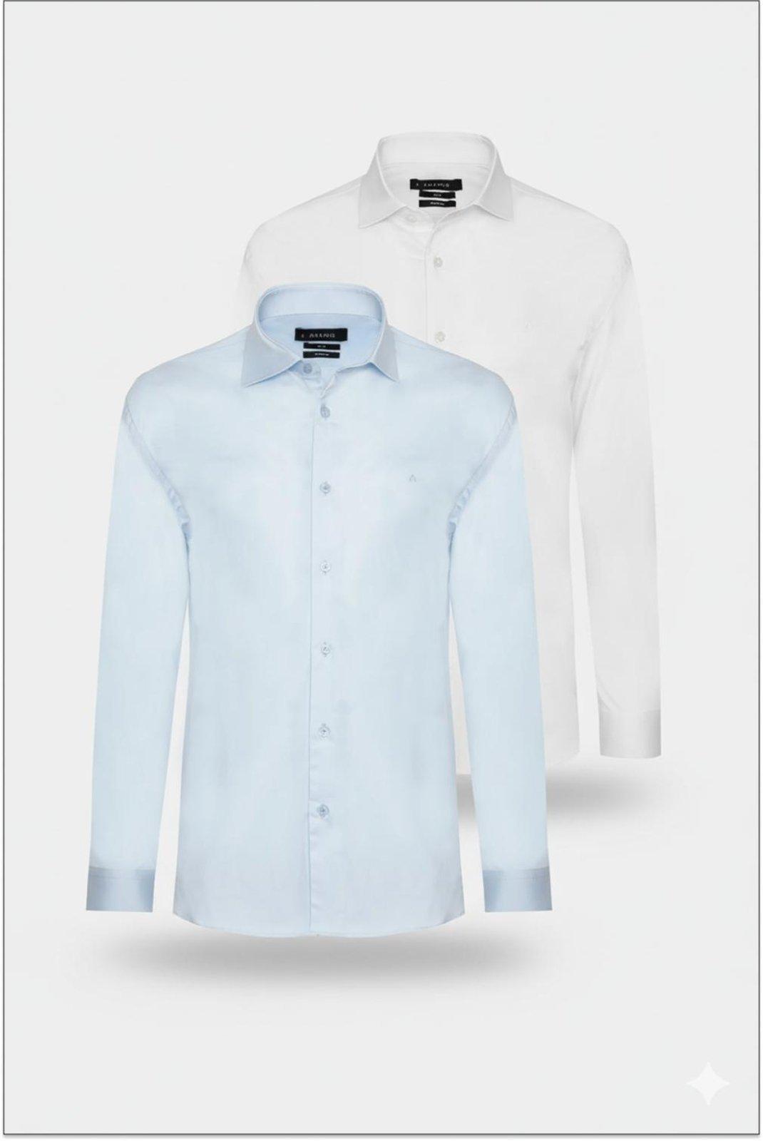 Kit Camisas Manga Longa Tricoline Slim Branco e Azul