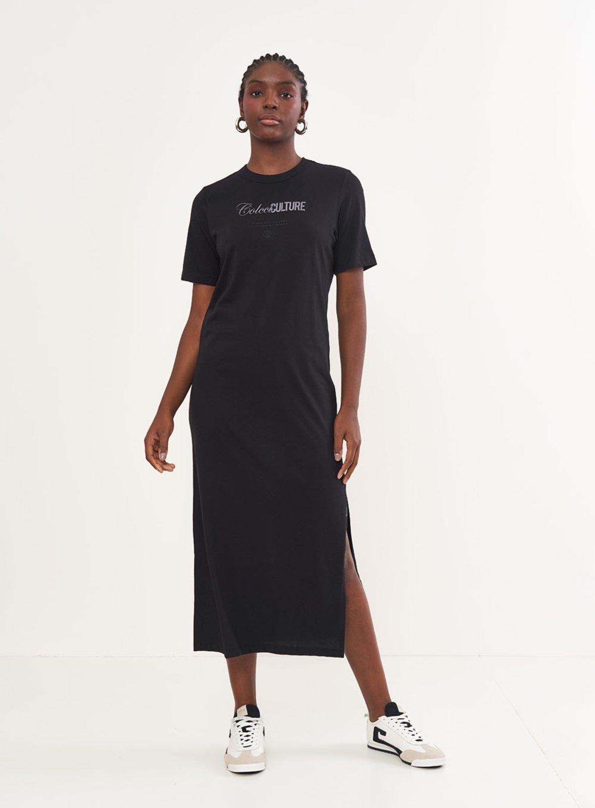 Vestido T-shirt Midi Com Estampa Frontal Colcci Preto