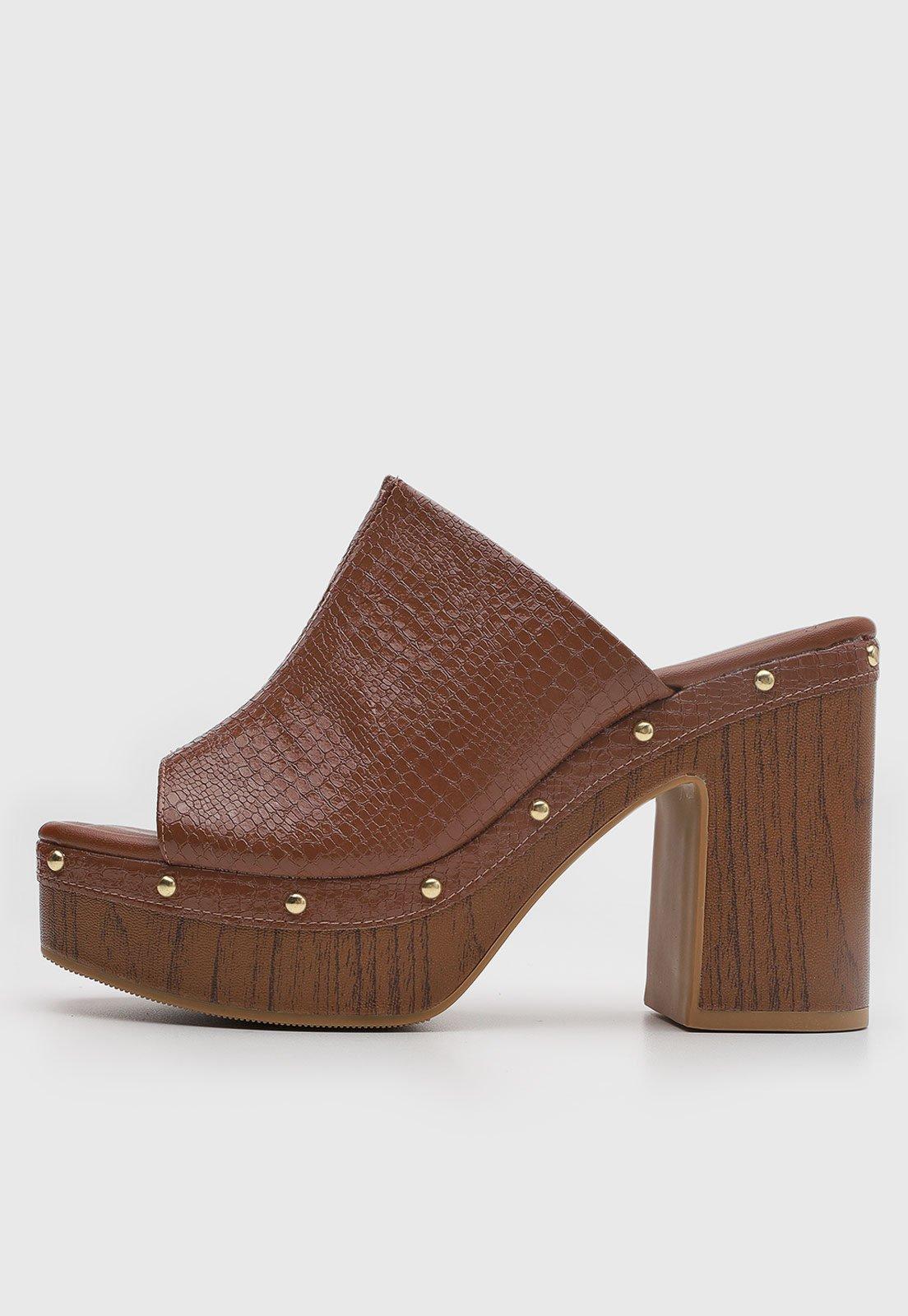 Sandália Feminina Vizzano Salto Grosso Croco Marrom