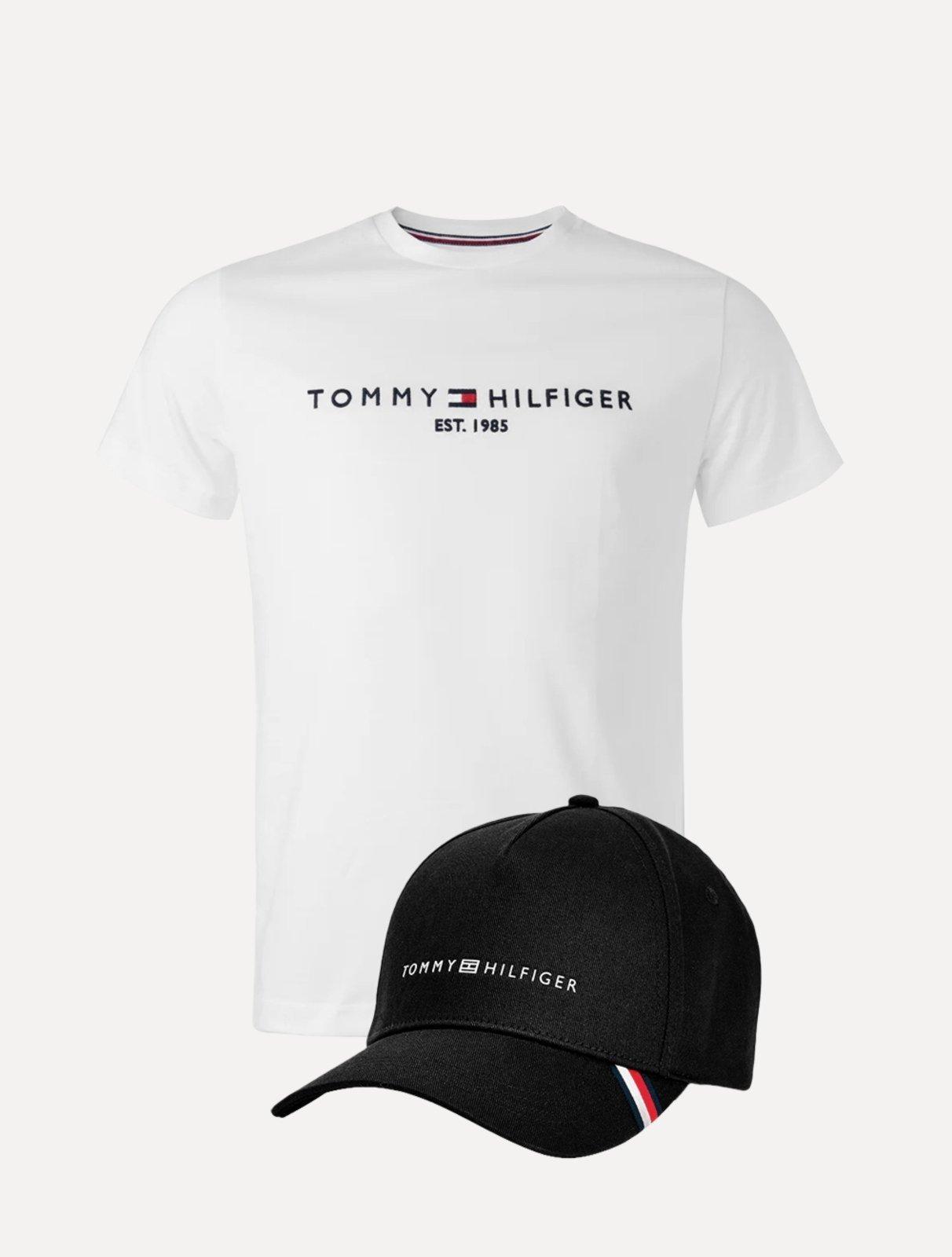 Kit Tommy Hilfiger Camiseta Masculina Core Logo Tee Branca e Boné Uptown Cap Preto