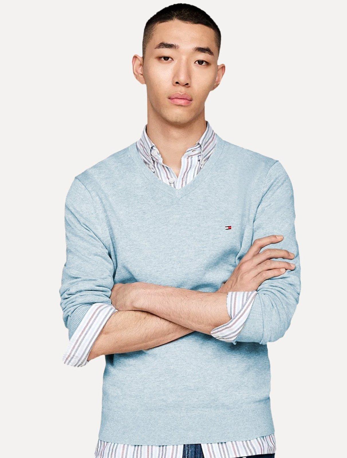 Suéter Tommy Hilfiger Masculino Signature V-Neck Azul Claro Mescla