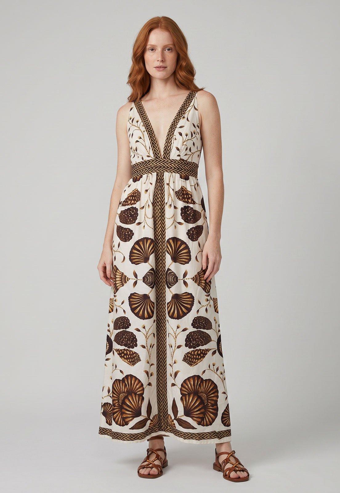 Vestido Feminino FARM Longo Floral Decote V Branco