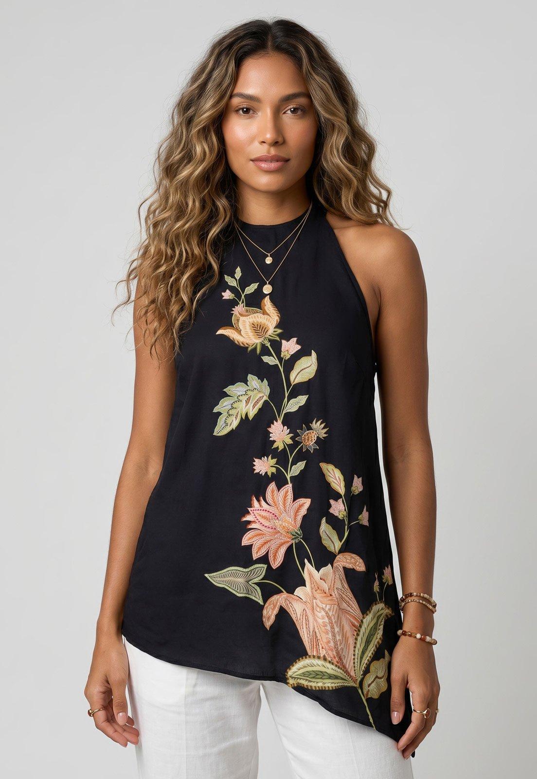Blusa Feminina FARM Estampa Floral Preta