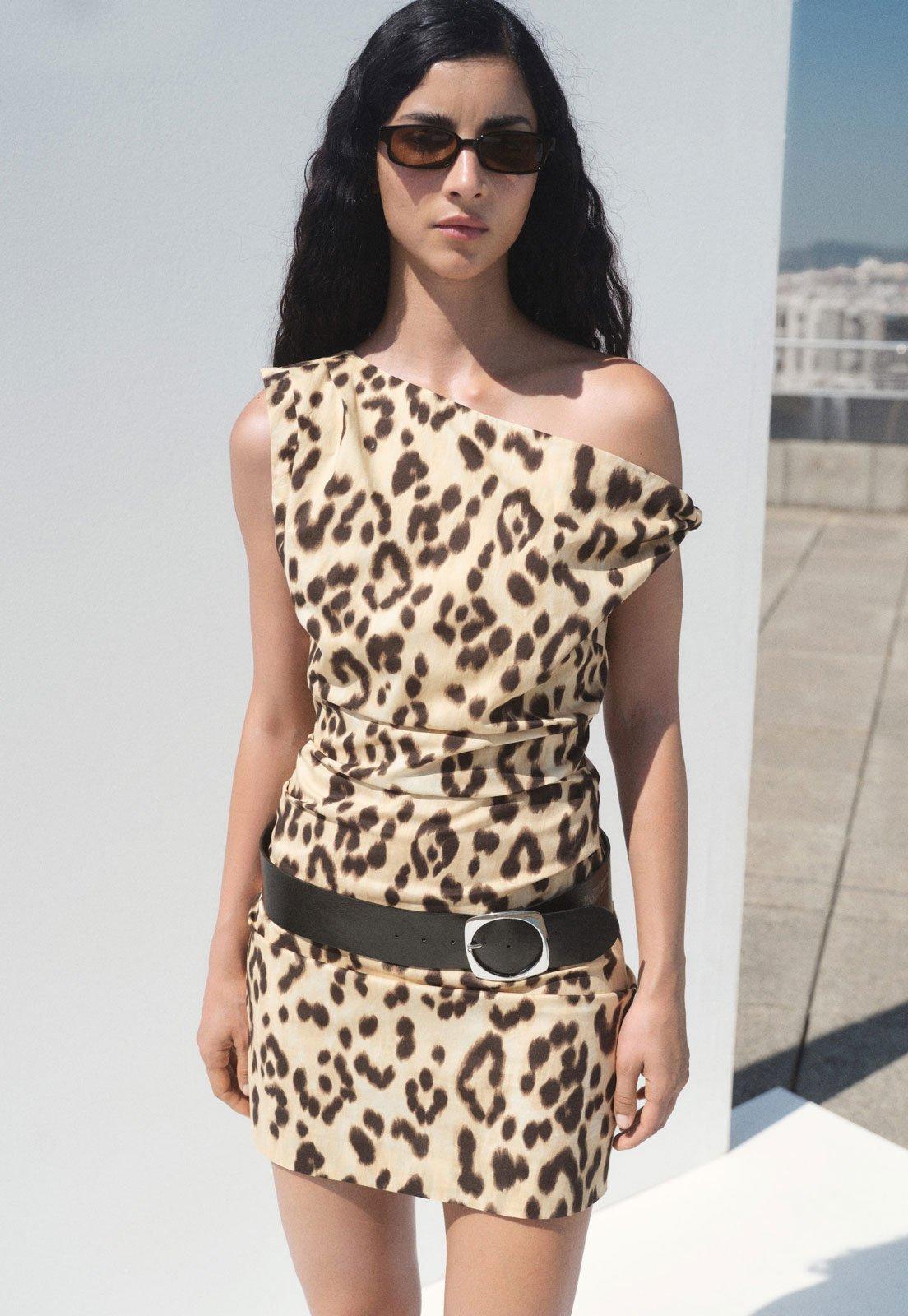 Vestido Feminino Mango Animal Print Ombro Só Bege