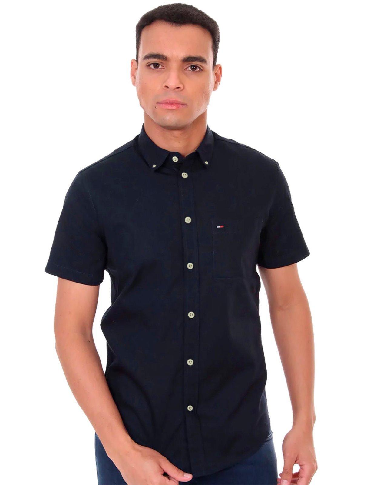 Camisa Tommy Hilfiger Masculina Manga Curta Light Oxford Azul Marinho
