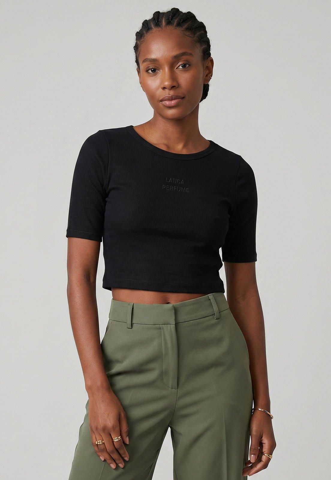 Blusa Feminina Lança Perfume Cropped Textura Canelada Preta