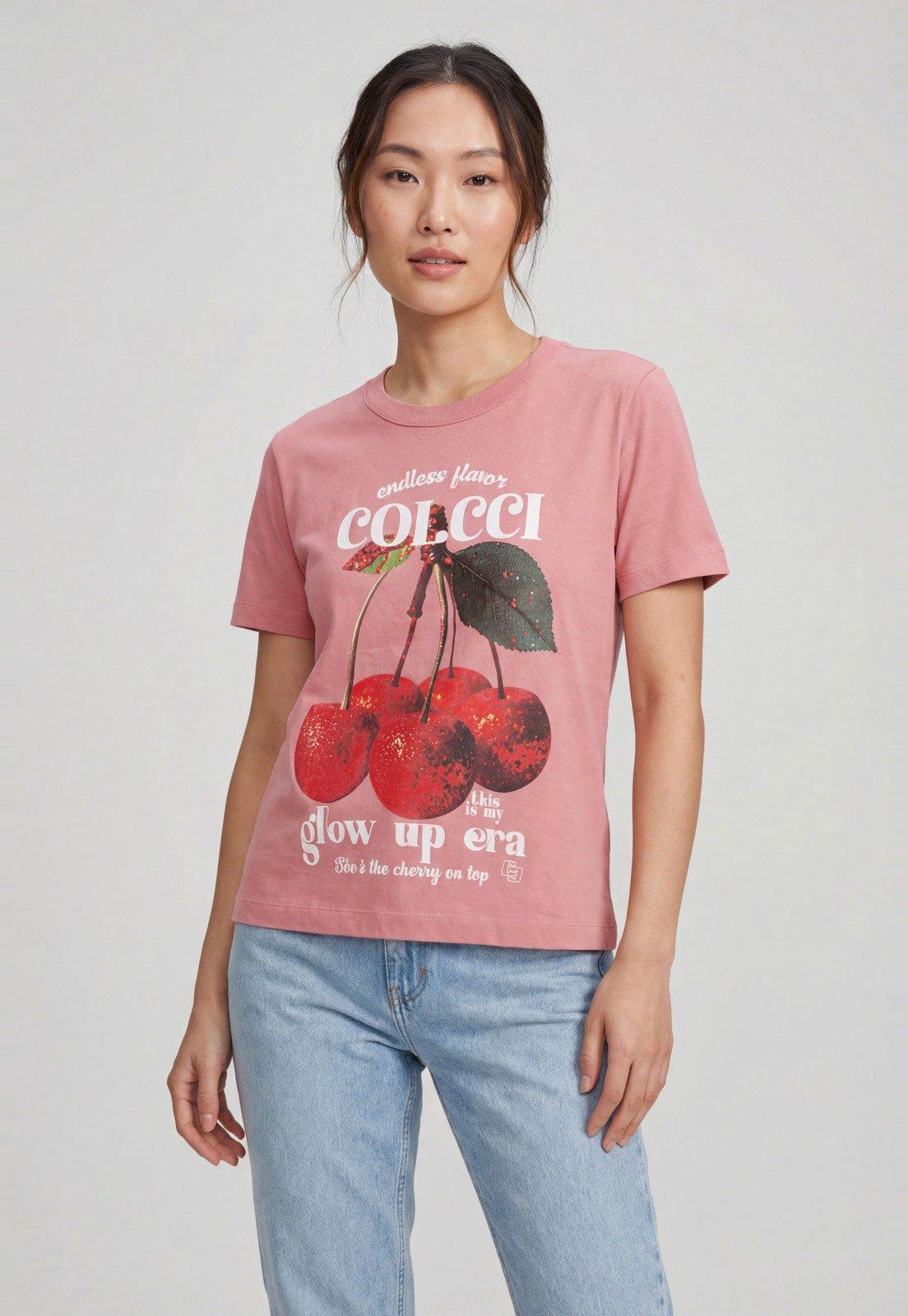 Camiseta Feminina Colcci Estampa Cerejas Rosa